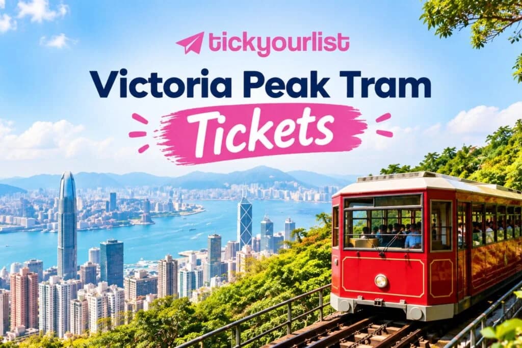 Victoria Peak Tram Tickets with TickYourList logo and a scenic Hong Kong skyline view
