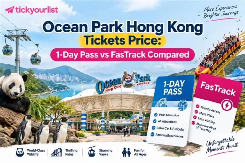 Ocean Park Hong Kong tickets price comparison showing 1-Day Pass vs FasTrack options
