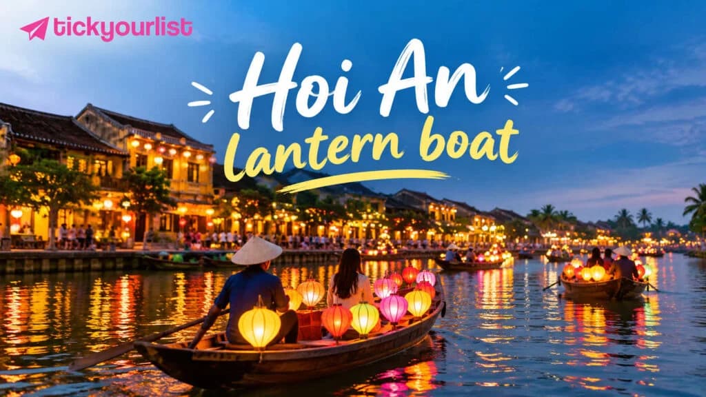 Hoi An lantern boat ride at dusk, with colourful glowing lanterns illuminating the Thu Bon River, traditional yellow buildings of Hoi An Ancient Town.