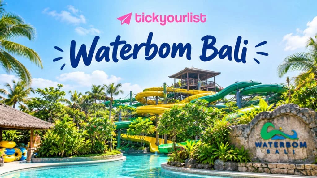 Waterbom Bali water park featuring thrilling slides, tropical greenery, turquoise pools.