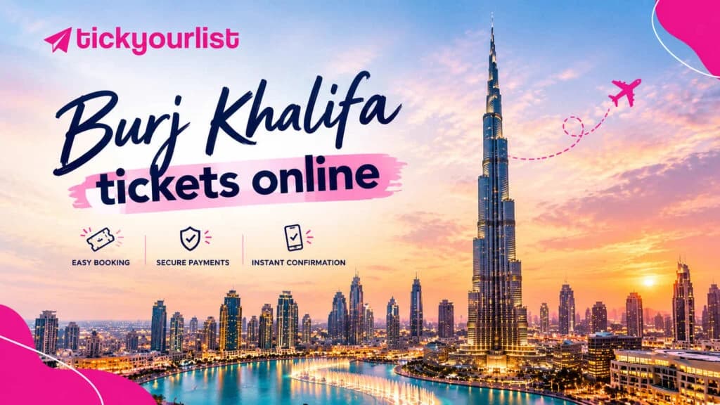 Burj Khalifa skyline at sunset.